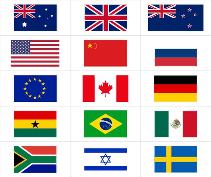 Flags of Australia, UK, New Zealand, USA, China, Russia, EU, Canada, Germany, Ghana, Brazil, Mexico,.