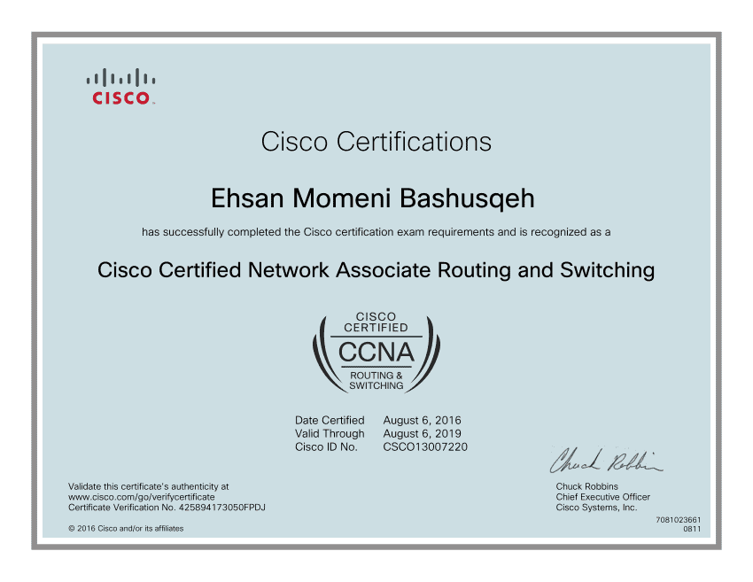 Cisco CCNA certification for network routing and switching.