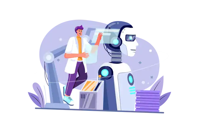 AI robot and trainer discussing IT certification concepts.