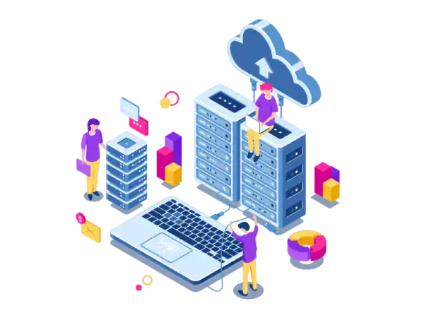 Cloud data storage with IT professionals working on servers and laptops.