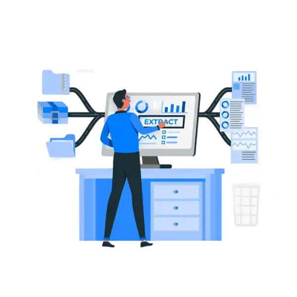 Business professional analyzing data on a computer screen with charts and reports.