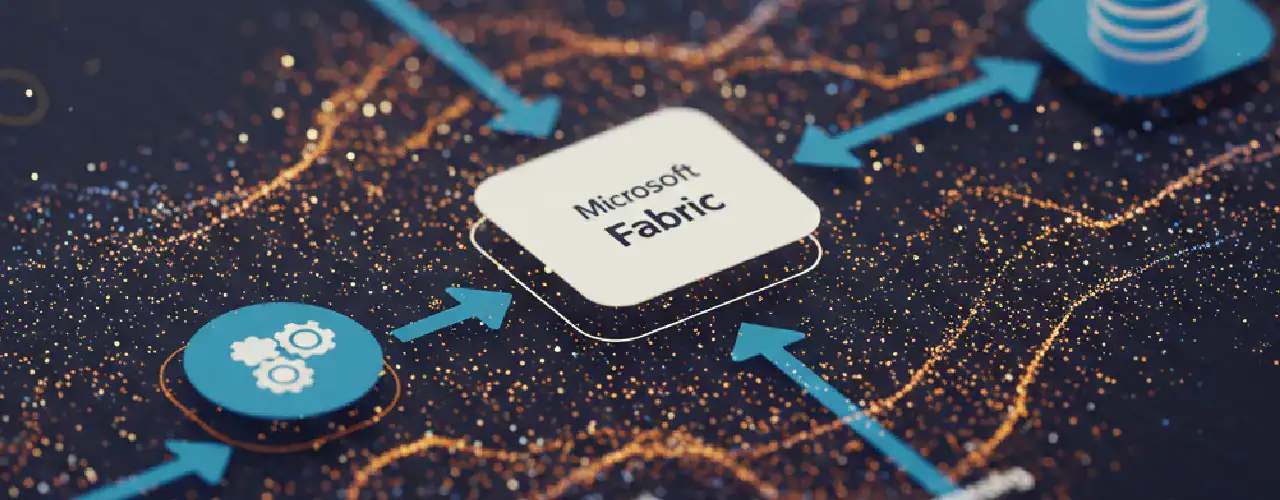 Abstract image representing data pipelines in Microsoft Fabric, with the Microsoft Fabric logo subtly integrated, alongside the Prime Technologies logo, emphasizing foundational Fabric data engineering knowledge.