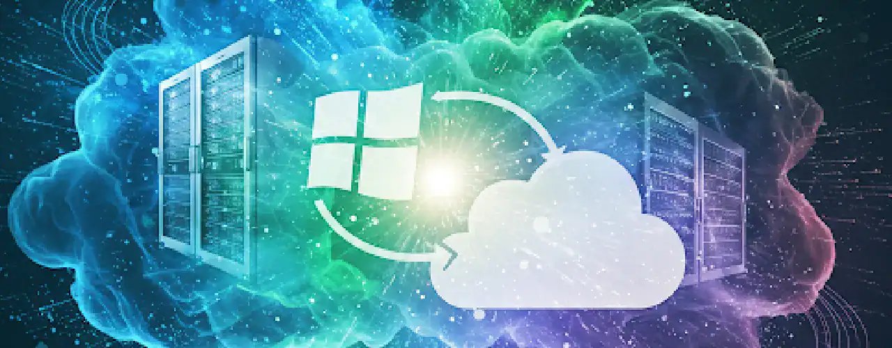 Abstract image representing hybrid cloud with Windows Server elements, with the Microsoft logo subtly integrated, alongside the Prime Technologies logo, emphasizing foundational hybrid Windows Server knowledge.