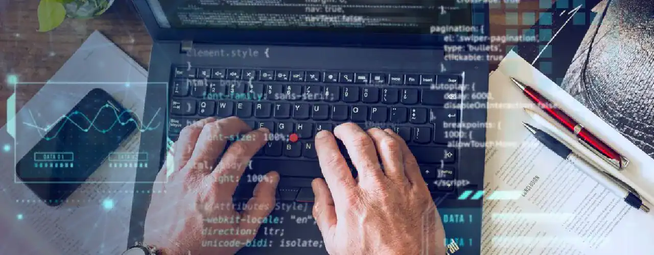 Abstract image representing agile development with interconnected code and testing elements, with the Scrum.org logo subtly integrated, alongside the Prime Technologies logo, emphasizing foundational agile development skills.