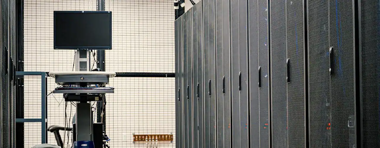 Abstract image representing server infrastructure with interconnected components and the CompTIA logo subtly integrated, alongside the Prime Technologies logo, emphasizing core server administration skills.