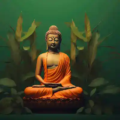 Serene Buddha statue meditating surrounded by lush green leaves.