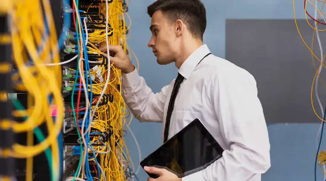 IT professional working on network equipment with colorful cables and servers.