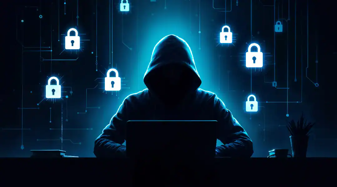Hooded hacker with digital lock icons representing cybersecurity threats and network security.