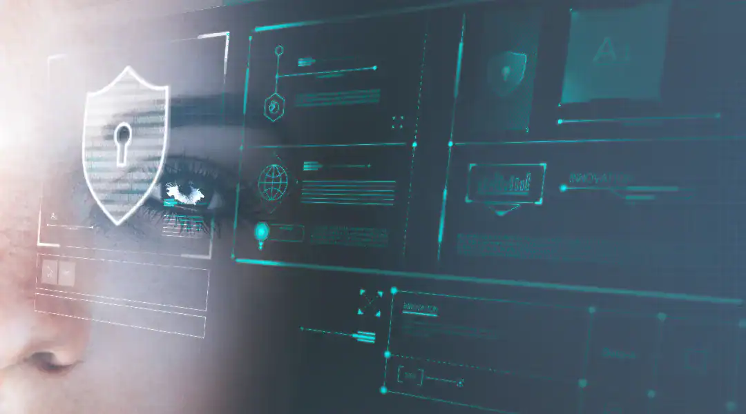 Digital security interface with a human eye and cybersecurity icons.