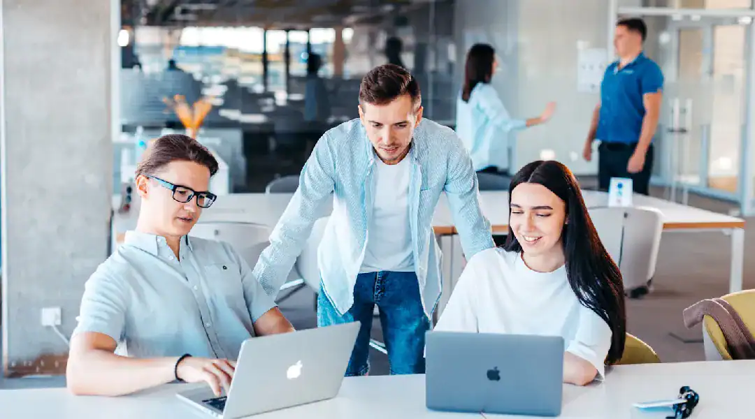 Group of young professionals collaborating on laptops in a modern office setting.