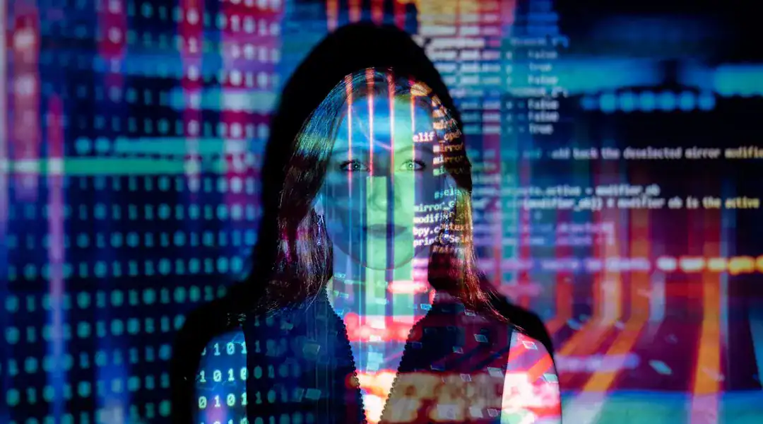Woman with digital code overlay representing cybersecurity and IT certification.