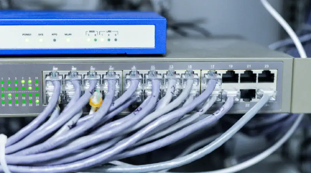 Network switch with Ethernet cables for IT connectivity and infrastructure.