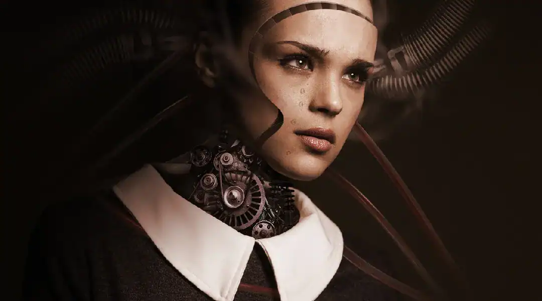 Woman with cybernetic neck device, futuristic AI technology concept.