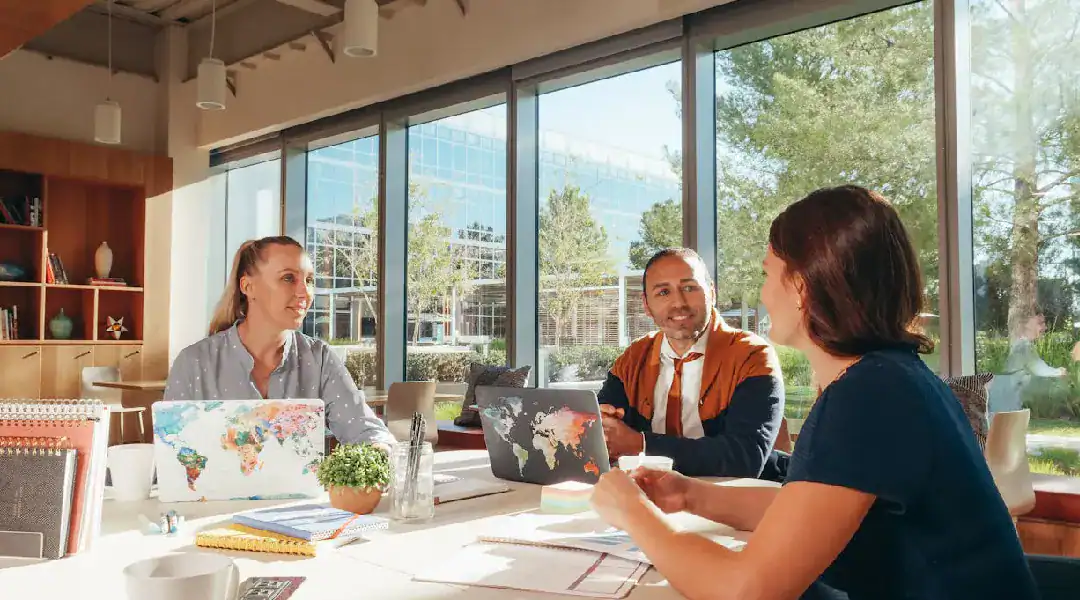 Business meeting with diverse professionals discussing IT certifications indoors.