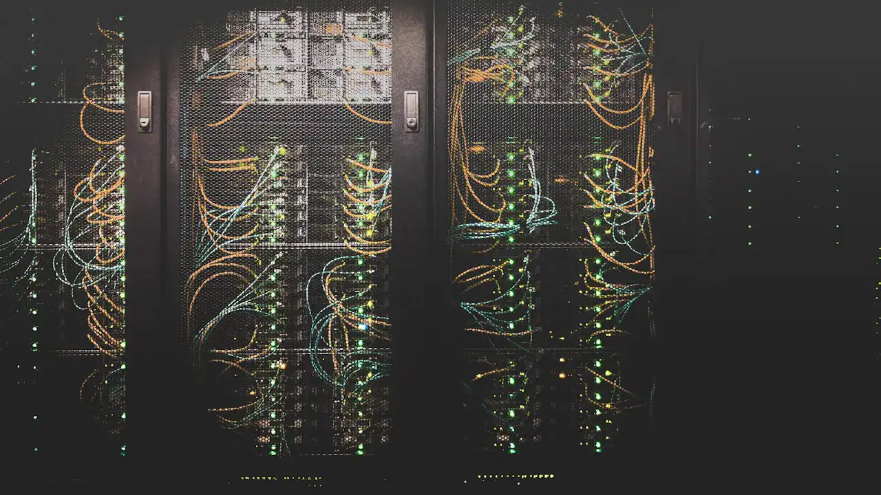 Data center servers with virtualization hardware and cabling.