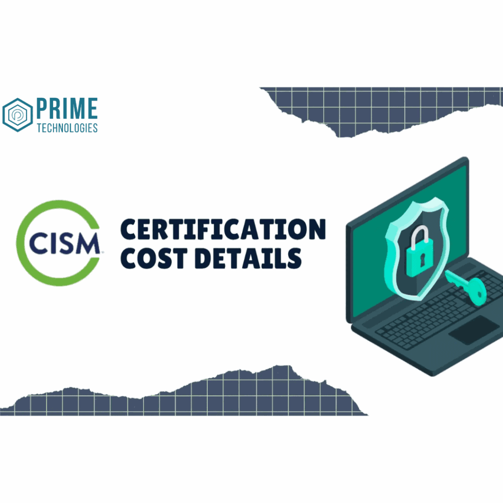 Infographic breakdown of CISM certification cost in India including exam fees, training costs, and ISACA membership in INR.