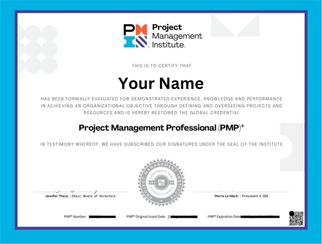 Sample PMP certification issued by PMI for students completing a PMP course in Chennai