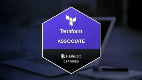 Terraform Associate certification badge with HashiCorp logo on a dark background.
